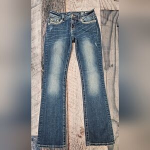 Miss Me Relaxed Boot Denim Jeans Distressed Cow Print Embroidered Pocket 27x34